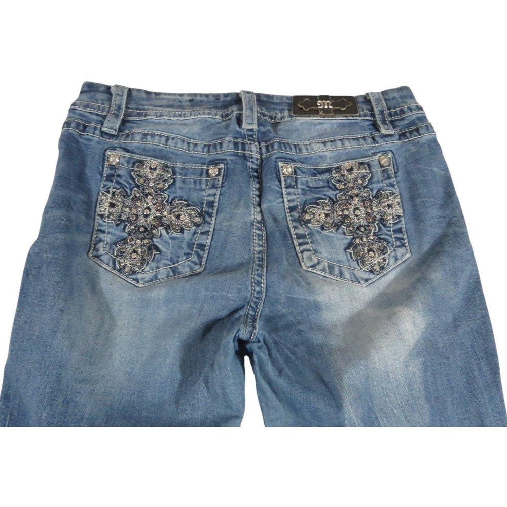Miss Me Boot Jeans Women 30x31.5 Blue Denim‎ Mid Rise Thick Stitch Fleur De Lis